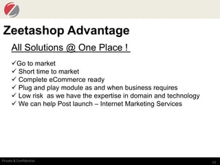 12Private & Confidential
Zeetashop Advantage
Go to market
 Short time to market
 Complete eCommerce ready
 Plug and play module as and when business requires
 Low risk as we have the expertise in domain and technology
 We can help Post launch – Internet Marketing Services
All Solutions @ One Place !
 