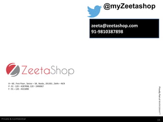 19Private & Confidential
ProudlyPartofMARKSMANTM
A – 60 , First Floor , Sector – 58 , Noida , 201301 , Delhi – NCR
P : 91 - 120 – 4287898, 120 – 2490067
F : 91 – 120 - 4321898
zeeta@zeetashop.com
91-9810387898
@myZeetashop
 