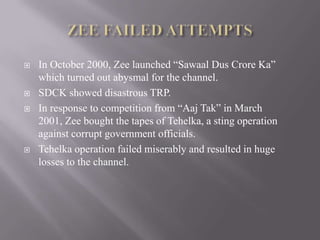    In October 2000, Zee launched “Sawaal Dus Crore Ka”
    which turned out abysmal for the channel.
   SDCK showed disastrous TRP.
   In response to competition from “Aaj Tak” in March
    2001, Zee bought the tapes of Tehelka, a sting operation
    against corrupt government officials.
   Tehelka operation failed miserably and resulted in huge
    losses to the channel.
 