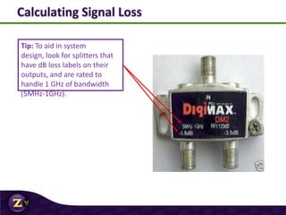 Calculating Signal Loss
Tip: To aid in system
design, look for splitters that
have dB loss labels on their
outputs, and are rated to
handle 1 GHz of bandwidth
(5MHz-1GHz).
 