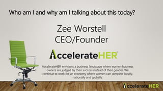 Who am I and why am I talking about this today?
Zee Worstell
CEO/Founder
AccelerateHER envisions a business landscape wher...