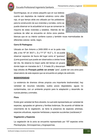 Escuela Profesional Ingenieria Sanitaria
19
Planeamiento urbano y regional
Zonificación Ecológica y Económica de Yarabamba
19
Quichiniguaya, es un anexo pequeño que en sus laderas
cuenta con depósitos de material volcánico como sillar
rojo, el que tiempo atrás era utilizado por los pobladores
para la construcción de sus viviendas y corrales, como se
puede observar en la actualidad en la que se conservan la
mayoría de estas viviendas y establos. Además de las
canteras de sillar se encuentra en dicha zona piedras
blancas que en su interior contiene cuarzo y también rocas marmolizadas de
diferentes colores: verde, negro.
Cerro El Pedregoso
Ubicado en San Antonio a 2450-3050 m en la parte más
alta, a los 16º 34’ 38.9” L .S y 71º 27’ 18.2” L. O. se puede
observar especies de fauna del lugar como el “guanaco”
(Lama guanicoe) que puede ser observados a ciertas horas
del día. Se observa la mayor parte del tiempo en grupos
donde bajan en manadas de 5, 7, 9 hasta 20 y descansan
bajo árboles de Prosopis pallida var armata “yara”, puede ser una zona para
observatorio de esta especie que se encuentra en peligro de extinción.
BIODIVERSIDAD
La existencia de diversos climas propicia una importante biodiversidad, hay
variedad de recursos naturales, suelos pocos degradados, aguas no
contaminadas, con un ambiente propicio para la adaptación y desarrollo de
nuevas plantas y animales.
Flora
Existe gran variedad de flora silvestre, la cual está representada por variedad de
especies, agrupadas en géneros y familias botánicas. De acuerdo al hábitat de
crecimiento de la vegetación, se tiene la presencia de especies arbóreas,
especies arbustivas, especies herbáceas y especies suculentas (cactáceas).4
Vegetación y Especies
La vegetación de la zona se encuentra representado por 197 especies entre
Pteridophytas, Gimnospermas y Angiospermas.
 