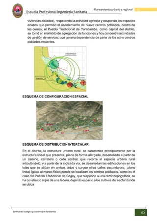 Escuela Profesional Ingenieria Sanitaria
62
Planeamiento urbano y regional
Zonificación Ecológica y Económica de Yarabamba
62
viviendas aisladas), respetando la actividad agrícola y ocupando los espacios
eriazos que permitió el asentamiento de nueve centros poblados, dentro de
los cuales, el Pueblo Tradicional de Yarabamba, como capital del distrito,
se tornó en el ámbito de agregación de funciones y hoy concentra actividades
de gestión de servicio, que genera dependencia de parte de los ocho centros
poblados restantes.
ESQUEMA DE CONFIGURACION ESPACIAL
ESQUEMA DE DISTRIBUCION INTERCALAR
En el distrito, la estructura urbano rural, se caracteriza principalmente por la
estructura lineal que presenta, plano de forma alargada, desarrollado a partir de
un camino, carretera o calle central, que recorre el espacio urbano rural
articulándolo, y a partir de la indicada vía, se desarrollan las edificaciones en los
lotes que se sitúan en ambos lados y surgen otras calles secundarias; plano
lineal ligado al marco físico donde se localizan los centros poblados, como es el
caso del Pueblo Tradicional de Sogay, que responde a una razón topográfica, se
ha construido al pie de una ladera, dejando espacio a los cultivos del sector donde
se ubica
 