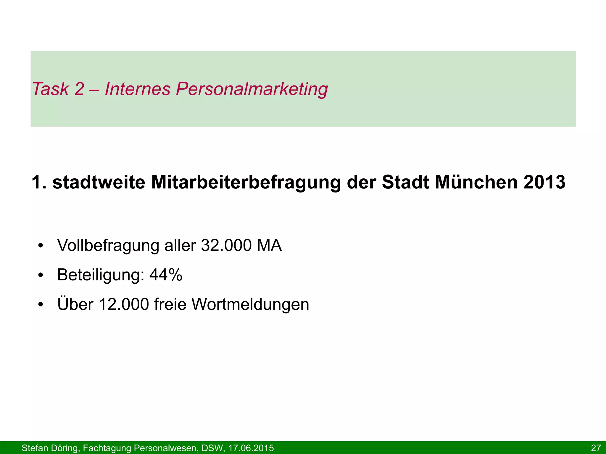 Stefan Döring, Fachtagung Personalwesen, DSW, 17.06.2015 27
1. stadtweite Mitarbeiterbefragung der Stadt München 2013
● Vollbefragung aller 32.000 MA
● Beteiligung: 44%
● Über 12.000 freie Wortmeldungen
Task 2 – Internes Personalmarketing
 