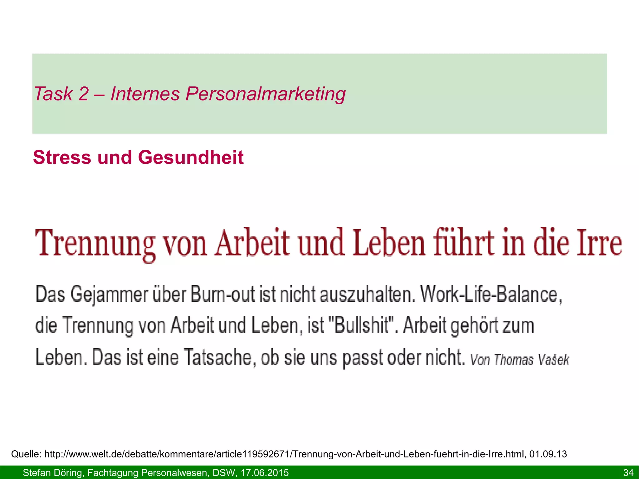 Stefan Döring, Fachtagung Personalwesen, DSW, 17.06.2015 34
Stress und Gesundheit
Task 2 – Internes Personalmarketing
Quelle: http://www.welt.de/debatte/kommentare/article119592671/Trennung-von-Arbeit-und-Leben-fuehrt-in-die-Irre.html, 01.09.13
 