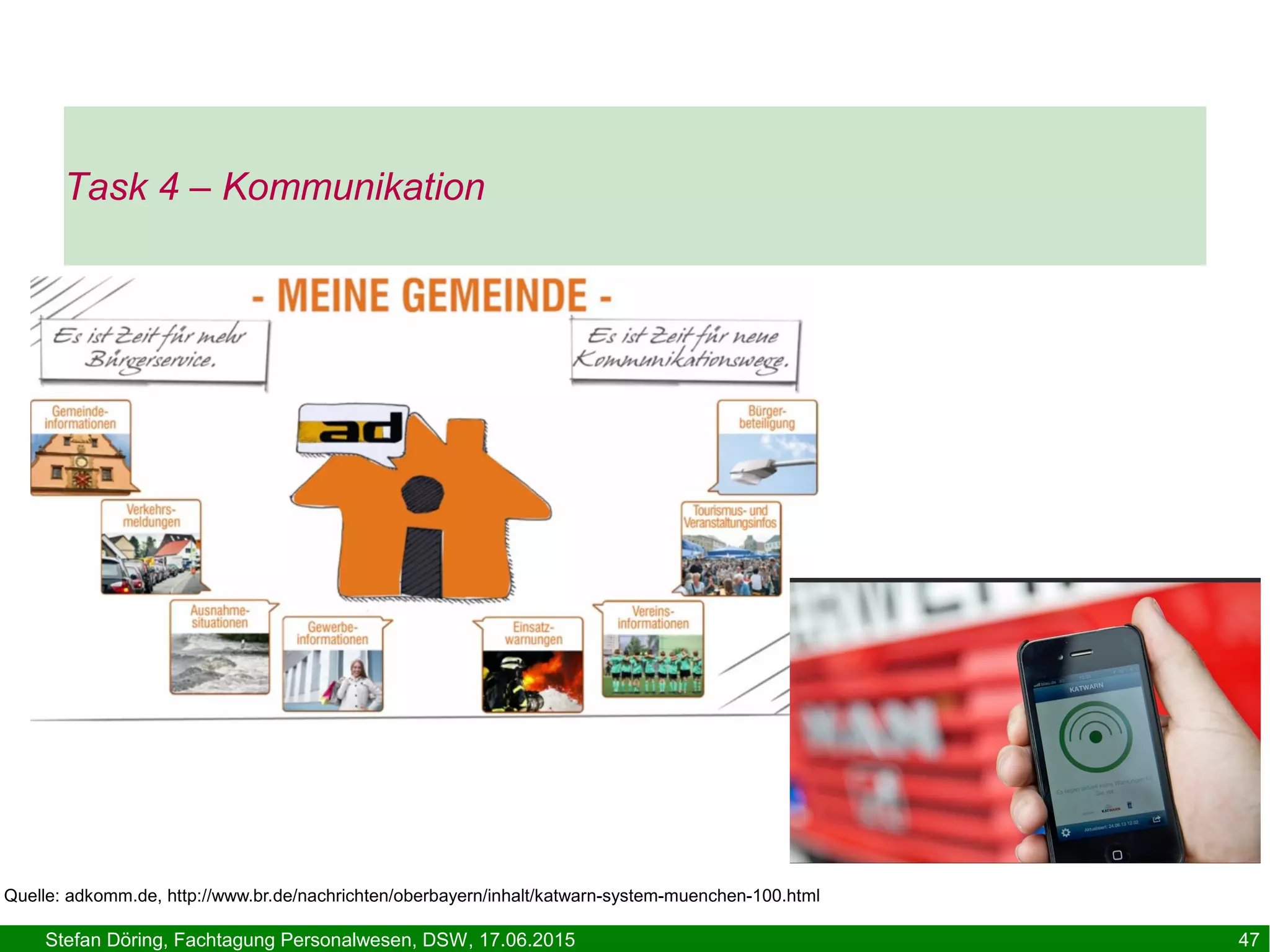 Stefan Döring, Fachtagung Personalwesen, DSW, 17.06.2015 47
Quelle: adkomm.de, http://www.br.de/nachrichten/oberbayern/inhalt/katwarn-system-muenchen-100.html
Task 4 – Kommunikation
 