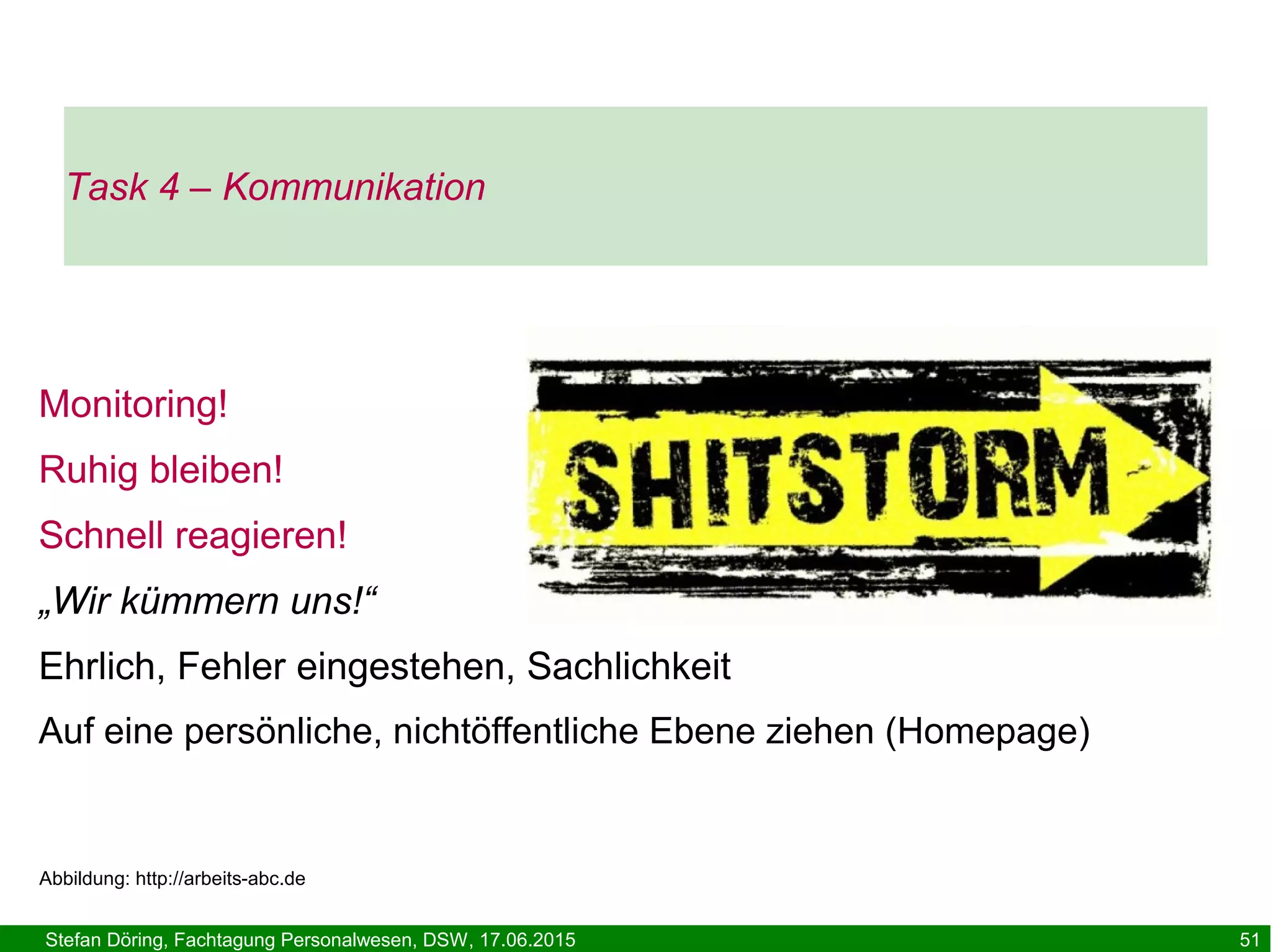 Stefan Döring, Fachtagung Personalwesen, DSW, 17.06.2015 51
Monitoring!
Ruhig bleiben!
Schnell reagieren!
„Wir kümmern uns!“
Ehrlich, Fehler eingestehen, Sachlichkeit
Auf eine persönliche, nichtöffentliche Ebene ziehen (Homepage)
Abbildung: http://arbeits-abc.de
Task 4 – Kommunikation
 
