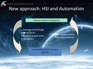 New approach: HSI and Automation
Human Systems Integration

• Iterative technology
requirements
• Resilience and error
implications

• Complex environment
• Task requirements

Automation and Computer
Science

10/31/2013

9

9

 