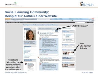 Social Learning Community:
Beispiel für Aufbau einer Website




© Infoman AG | Erstellt von Infoman AG   11.05.2012 | Seite 6
 