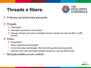 Globalcode – Open4education
Threads e fibers:
O Serviço de kernel mais elementar;
Threads:
Preemptivo;
Execução opcional em round-robin;
Executa sempre a de maior prioridade primeiro (exceto em caso de fiber ou ISR
pronta).
Fibers:
Cooperativo;
 Possui sistemas de prioridade;
 Como não possui preempção, fiber controla quando deve suspender;
 Executa a de maior prioridade sempre( exceto em caso de ISR pronta).
• Alocação estática ou em runtime.
 