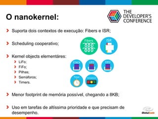 Globalcode – Open4education
O nanokernel:
Suporta dois contextos de execução: Fibers e ISR;
Scheduling cooperativo;
Kernel objects elementáres:
LiFo;
FiFo;
Pilhas;
Semáforos;
Timers.
Menor footprint de memória possível, chegando a 8KB;
Uso em tarefas de altíssima prioridade e que precisam de
desempenho.
 