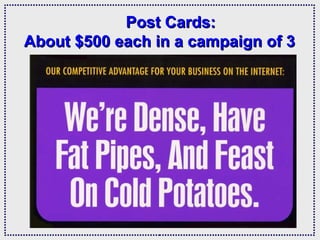   Post Cards: About $500 each in a campaign of 3 