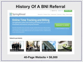 History Of A BNI Referral




    40-Page Website = $6,000
 