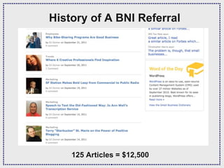 History of A BNI Referral




    125 Articles = $12,500
 