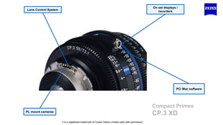 Compact Primes
CP.3 XDPL mount cameras
On set displays /
recordersLens Control System
PC/ Mac software
/i is a registered trademark of Cooke Optics Limited used with permission
 