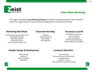 The support provided by  Zeist Marketing Solutions  is flexible and tailored exactly to your individual needs. The support covers all areas of business development, marketing and includes: Marketing Mud Maps Corporate Branding Promotion and PR Graphic Design & Development Customer Retention  Marketing strategy and Action plans Marketing Campaigns Marketing research Marketing training Team brainstorming sessions Branding Logo development Logo updates Brand Manuals Workshops and seminars Email marketing Event management BTL Promotion Campaigns Guerilla Marketing Campaigns Graphic Design Brochures Poster Campaigns  Newsletters Client Servicing Setting up channels of distribution Lead generation Corporate Training Help with pitches and sales meetings Tailor Made Marketing  home 