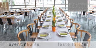 Gekonnt feiern – in origineller Umgebung 
drinnen oder draußen: Das zeit.areal bietet 
Feste- & Feier-Räume für alle denkbaren 
Anlässe. Egal ob Betriebsfeier, Geburtstag, 
Hochzeit, Jubiläum oder Empfang – nutzen 
Sie die thematisch und räumlich flexibel 
gestaltbaren Orte mit einzigartigem Charme. 
27 
 