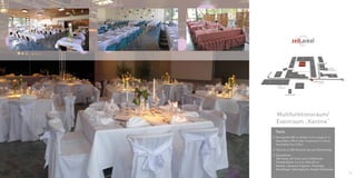 29 
O E 
D 
P 
F 
2 
H 
A 
1⁄1 1 
Kantine 
3 
C 
10 
10⁄ 1 
10⁄2 
10⁄ 3 10⁄4 
Einfahrt ⁄ Entry 
Kunst- 
Akademie 
Galerie 
Kesselhaus 
B 
Multifunktionsraum/ 
Eventraum „Kantine“ 
„Kantina“ 
Facts 
// Raumgröße 380 m2, Breite 14 m x Länge 21 m 
Raumhöhe 3,98 m (inkl. Flurbereich 5 x 18 m), 
Raumhöhe Flur 2,98 m 
// Platz bis zu 300 Personen (je nach Bestuhlung) 
// Ausstattung: 
300 Stühle, 40 Tische und 12 Stehtische 
Flexible Bühne: 6 x 4 m, Höhe 30 cm 
Beamer, Leinwand, Flipchart, Tonanlage, 
Musikflügel, Cateringküche, Graphit-Steinboden 
Industriehof 
Industriehof 
Industriehof 
Johann-Sebastian-Bach Str. 
Industriehof 6 
6 
G 
Gewölbekeller 
 