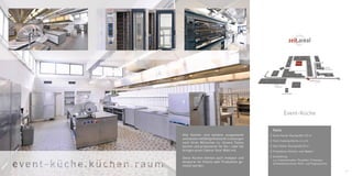 31 
Alle Küchen sind bestens ausgestattet 
und lassen vielfältige Kulinarik-Leistungen 
nach Ihren Wünschen zu. Unsere Teams 
kochen und produzieren für Sie – oder Sie 
bringen einen Caterer Ihrer Wahl mit. 
Diese Küchen können auch modular und 
temporär für Events oder Produktion ge-mietet 
werden. 
O E 
D 
P 
H 
A 
Kantine 
3 
C 
10 
10⁄ 1 
10⁄2 
10⁄ 3 10⁄4 
Einfahrt ⁄ Entry 
B 
Event-Küche 
F 
2 
1⁄1 1 
Kunst- 
Akademie 
Galerie 
Kesselhaus 
Facts 
// Event-Küche: Raumgröße 132 m2 
// Front-Cooking-Küche: 6 x 4 m 
// Spül-Küche: Raumgröße 25 m2 
// Produktions-Küchen: nach Bedarf 
// Ausstattung: 
u.a. Convectomaten, Pizzaöfen, Fritteusen, 
Schneidemaschinen, Rühr- und Teigmaschine 
Industriehof 
Industriehof 
Industriehof 
Johann-Sebastian-Bach Str. 
Industriehof 6 
6 
G 
Gewölbekeller 
 