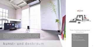 39 
1 
O E 
D 
P 
F 
2 
A 
1⁄1 1 
Kantine 
3 
C 
Kunst- 
Akademie 
Einfahrt ⁄ Entry 
Galerie 
Kesselhaus 
H 
B 
10 
10⁄ 1 
10⁄2 
10⁄ 3 10⁄4 
Industriehof 
Industriehof 
Industriehof 
Johann-Sebastian-Bach Str. 
Industriehof 6 
6 
Think-Tank/Aus stellungsraum „Kesselhaus“ 
Facts 
// Raumgröße ca. 190 m2 
Breite 10,70 m x Länge 18,10 m 
Raumhöhe 9,40 m 
// Ausstattung: Eventküche, Leinwand, 
Beamer, Hot-Desk, Internetverbindung 
Das frühere Kesselhaus des Areals ist der Raum für Kunstausstellungen – und auch der Ort 
für die Kunst des Denkens. Hier haben wir einen Think-Tank eingerichtet – für Denkoffensiven 
unterschiedlichster Art. Egal ob Politik oder Wirtschaft, ob Kultur, Bildung oder Soziales – 
es gibt einiges vorzudenken… Zukunft beginnt jetzt – zum Beispiel in unserem Think-Tank. 
 