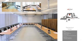 11 
O E 
D 
P 
H 
A 
Kantine 
3 
C 
10 
10⁄ 1 
10⁄2 
10⁄ 3 10⁄4 
Einfahrt ⁄ Entry 
B 
Tagungsraum 
„Studio“ 
F 
2 
1⁄1 1 
Kunst- 
Akademie 
Galerie 
Kesselhaus 
Facts 
// Raumgröße 93,6 m2 
Breite 8 m x Länge 11,70 m 
Raumhöhe 3,20 m 
// Platz bis zu 50 Personen (je nach Bestuhlung) 
// Ausstattung: 
Beamer, Leinwand, Flipchart, 
Cateringküche, Teppichboden 
Industriehof 
Industriehof 
Industriehof 
Johann-Sebastian-Bach Str. 
Industriehof 6 
6 
G 
Gewölbekeller 
 