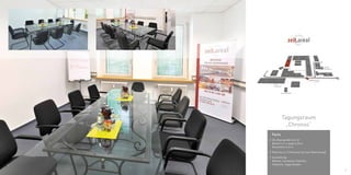 13 
O E 
D 
P 
H 
A 
Kantine 
3 
C 
10 
10⁄ 1 
10⁄2 
10⁄ 3 10⁄4 
Einfahrt ⁄ Entry 
B 
Tagungsraum 
„Chronos“ 
F 
2 
1⁄1 1 
Kunst- 
Akademie 
Galerie 
Kesselhaus 
Facts 
// EG, Raumgröße 26,5 m2 
Breite 5 m x Länge 5,30 m 
Raumhöhe 3,10 m 
// Platz bis zu 12 Personen (je nach Bestuhlung) 
// Ausstattung: 
Beamer, Leinwand, Flipchart, 
Teeküche, Teppichboden 
Industriehof 
Industriehof 
Industriehof 
Johann-Sebastian-Bach Str. 
Industriehof 6 
6 
G 
Gewölbekeller 
 