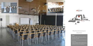 17 
O E 
D 
P 
F 
2 
A 
1⁄1 1 
Kantine 
3 
C 
Einfahrt ⁄ Entry 
Kunst- 
Akademie 
10⁄2 
Multifunktionsraum 
„Kantine“ 
Facts 
// Raumgröße 380 m2, Breite 14 m x Länge 21 m 
Raumhöhe 3,98 m (inkl. Flurbereich 5 x 18 m), 
Raumhöhe Flur 2,98 m 
// Platz bis zu 300 Personen (je nach Bestuhlung) 
// Ausstattung: 
Beamer, Leinwand, Flipchart, Rednerpult, Ton-anlage, 
Musikflügel, Küche, Graphit-Steinboden, 
300 Stühle, 40 Tische und 12 Stehtische 
Galerie 
Kesselhaus 
H 
B 
10 
10⁄ 1 
10⁄ 3 10⁄4 
Industriehof 
Industriehof 
Industriehof 
Johann-Sebastian-Bach Str. 
Industriehof 6 
6 
G 
Gewölbekeller 
 