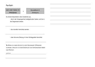 Perfekt:
sein oder haben im
PRÄSENS
+
Grundform II
(Partizip II)
Es drückt Geschehen oder Zustände aus,
- die in der Vergangenheit stattgefunden haben und bis in
die Gegenwart wirken.
- die mündlich berichtet werden.
- über die eine Zeitung in ihren Schlagzeilen berichtet.
 WENN ICH EINEN AUFSATZ IN DER GEGENWART (PRÄSENS)
SCHREIBE, BRAUCHE ICH BEIM ERZÄHLEN VON VERGANGENEM IMMER
DAS PERFEKT.
gehen
 