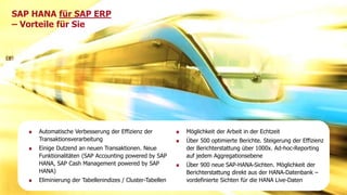 SAP HANA für SAP ERP 
– Vorteile für Sie 
Automatische Verbesserung der Effizienz der 
Transaktionsverarbeitung 
Einige Dutzend an neuen Transaktionen. Neue 
Funktionalitäten (SAP Accounting powered by SAP 
HANA, SAP Cash Management powered by SAP 
HANA) 
Eliminierung der Tabellenindizes / Cluster-Tabellen 
Möglichkeit der Arbeit in der Echtzeit 
Über 500 optimierte Berichte. Steigerung der Effizienz 
der Berichterstattung über 1000x. Ad-hoc-Reporting 
auf jedem Aggregationsebene 
Über 900 neue SAP-HANA-Sichten. Möglichkeit der 
Berichterstattung direkt aus der HANA-Datenbank – 
vordefinierte Sichten für die HANA Live-Daten 
Titel der Präsentation 4 
 