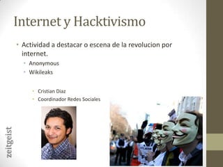 Internet y HacktivismoActividad a destacar o escena de la revolucion por internet.AnonymousWikileaksCristian DiazCoordinador Redes Socialeszeitgeist