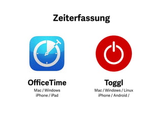 Dazu nutze ich OfficeTime. Es
erlaubt auch Rechnungen zu
schreiben, die automatisch auf die
Zeiterfassung zurückgreifen. Sie
können Stundensätze individuell
eingeben, um das Honorar
berechnen zu lassen.
 