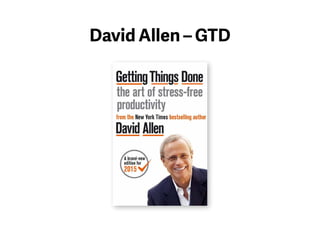 Der Kurs von Tiago Forte basiert auf
der von David Allen entwickelten
Methode »Getting Things Done«.
Ich hatte schon zuvor, To-Do-Listen
im Einsatz, nur waren diese nicht
so gestaltet, dass sie alle Bereiche
meines Lebens erfassten. David Allen
macht nämlich keinen Unterschied
zwischen privaten und beruflichen
Aufgaben. Es sind alles Dinge, die uns
beschäftigen und die erfasst werden
müssen.
 