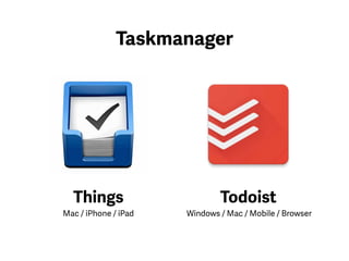 Daraufhin bin ich von einer
Papierliste auf einen digitalen
Taskmanager umgestiegen.
Dieser hat mir das Erfassen und
Organisieren stark erleichtert. Beim
ersten Niederschreiben bin ich auf
mehr als 150 Einträge gekommen,
die organisiert werden mussten. Es
hat richtig gut getan, dies alles aus
dem Kopf zu bekommen.
 