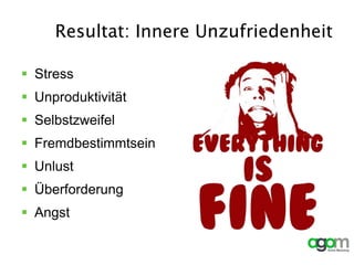 Resultat: Innere Unzufriedenheit
 Stress
 Unproduktivität
 Selbstzweifel
 Fremdbestimmtsein
 Unlust
 Überforderung
 Angst
 