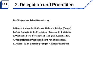 Electronic System Concepts
ESC 2. Delegation und Prioritäten
Fünf Regeln zur Prioritätensetzung:
1. Konzentration der Kräfte auf Ziele und Erfolge (Pareto)
2. Jede Aufgabe in die Prioritäten-Klasse A, B, C einteilen
3. Wichtigkeit und Dringlichkeit sind grundverschieden.
4. Vorfahrtsregel: Wichtigkeit geht vor Dringlichkeit.
5. Jeden Tag an einer langfristigen A-Aufgabe arbeiten.
 