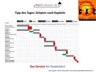 Tipp des Tages: Zeitplan nach Kapiteln




           Der Service für Studenten!
                         Herausgeber: Simon Düsseldorf simon.duesseldorf@startliteratur.de
 