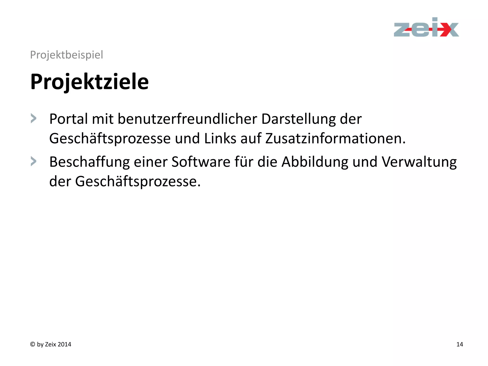© by Zeix 2014 14
Projektbeispiel
> Portal mit benutzerfreundlicher Darstellung der
Geschäftsprozesse und Links auf Zusatzinformationen.
> Beschaffung einer Software für die Abbildung und Verwaltung
der Geschäftsprozesse.
Projektziele
 