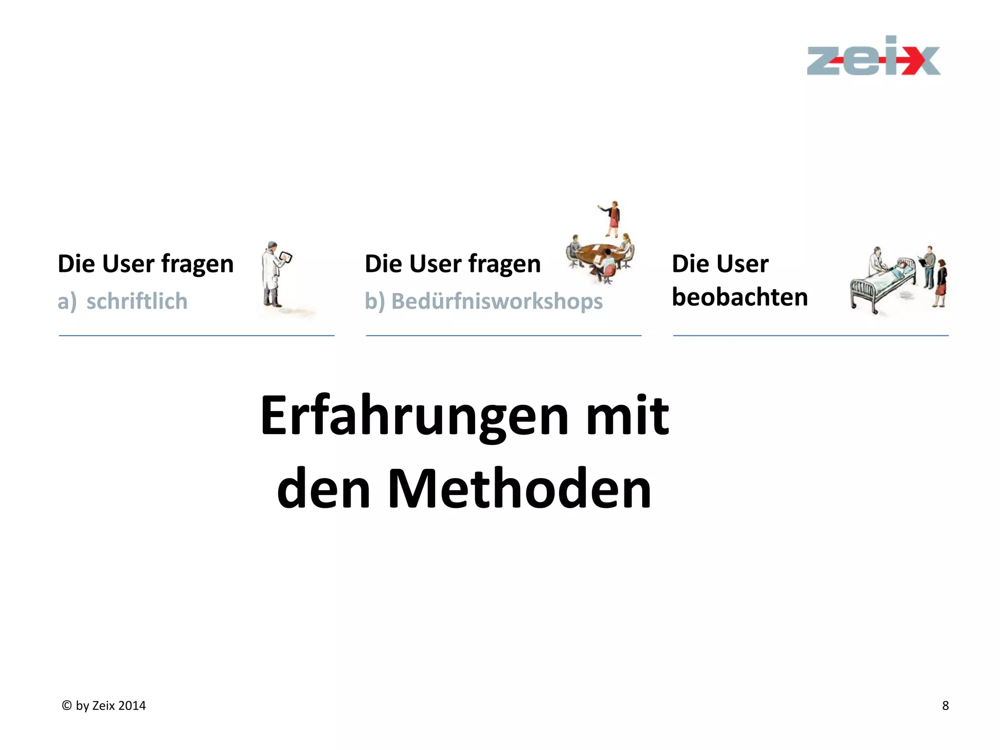 © by Zeix 2014 8
Erfahrungen mit
den Methoden
Die User fragen
a) schriftlich
Die User
beobachten
Die User fragen
b) Bedürfnisworkshops
 