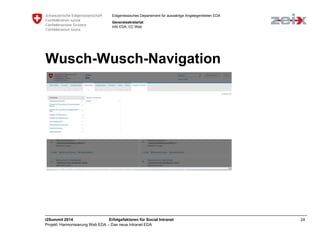 Eidgenössisches Departement für auswärtige Angelegenheiten EDA 
Generalsekretariat 
Info EDA, CC Web 
Wusch-Wusch-Navigation 
i2Summit 2014 Erfolgsfaktoren für Social Intranet 24 
Projekt ‘Harmonisierung Web EDA – Das neue Intranet EDA 
 