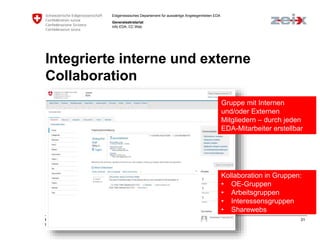Eidgenössisches Departement für auswärtige Angelegenheiten EDA 
Generalsekretariat 
Info EDA, CC Web 
Integrierte interne und externe 
Collaboration 
Gruppe mit Internen 
und/oder Externen 
Mitgliedern – durch jeden 
EDA-Mitarbeiter erstellbar 
Kollaboration in Gruppen: 
• OE-Gruppen 
• Arbeitsgruppen 
• Interessensgruppen 
• Sharewebs 
i2Summit 2014 Erfolgsfaktoren für Social Intranet 31 
Projekt ‘Harmonisierung Web EDA – Das neue Intranet EDA 
 