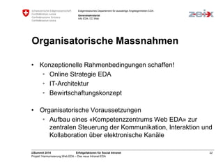 Eidgenössisches Departement für auswärtige Angelegenheiten EDA 
Generalsekretariat 
Info EDA, CC Web 
Organisatorische Massnahmen 
• Konzeptionelle Rahmenbedingungen schaffen! 
• Online Strategie EDA 
• IT-Architektur 
• Bewirtschaftungskonzept 
• Organisatorische Voraussetzungen 
• Aufbau eines «Kompetenzzentrums Web EDA» zur 
zentralen Steuerung der Kommunikation, Interaktion und 
Kollaboration über elektronische Kanäle 
i2Summit 2014 Erfolgsfaktoren für Social Intranet 32 
Projekt ‘Harmonisierung Web EDA – Das neue Intranet EDA 
 