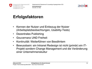 Eidgenössisches Departement für auswärtige Angelegenheiten EDA 
Generalsekretariat 
Info EDA, CC Web 
Erfolgsfaktoren 
• Kennen der Nutzer und Einbezug der Nutzer 
(Arbeitsplatzbeobachtungen, Usability-Tests) 
• Dezentrales Publishing 
• Gouvernanz UND Freiheit 
• Kontinuität: Weiterführen von Bewährtem 
• Bewusstsein: ein Intranet Redesign ist nicht (primär) ein IT-Projekt 
sondern Change Management und die Veränderung 
einer Unternehmenskultur 
i2Summit 2014 Erfolgsfaktoren für Social Intranet 34 
Projekt ‘Harmonisierung Web EDA – Das neue Intranet EDA 
 