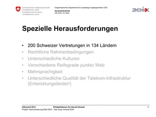 Eidgenössisches Departement für auswärtige Angelegenheiten EDA 
Generalsekretariat 
Info EDA, CC Web 
Spezielle Herausforderungen 
• 200 Schweizer Vertretungen in 134 Ländern 
• Rechtliche Rahmenbedingungen 
• Unterschiedliche Kulturen 
• Verschiedene Reifegrade punkto Web 
• Mehrsprachigkeit 
• Unterschiedliche Qualität der Telekom-Infrastruktur 
(Entwicklungsländer!) 
i2Summit 2014 Erfolgsfaktoren für Social Intranet 5 
Projekt ‘Harmonisierung Web EDA – Das neue Intranet EDA 
 