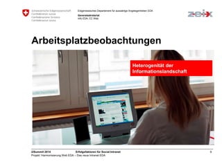 Eidgenössisches Departement für auswärtige Angelegenheiten EDA 
Generalsekretariat 
Info EDA, CC Web 
Arbeitsplatzbeobachtungen 
Heterogenität der 
Informationslandschaft 
i2Summit 2014 Erfolgsfaktoren für Social Intranet 9 
Projekt ‘Harmonisierung Web EDA – Das neue Intranet EDA 
 