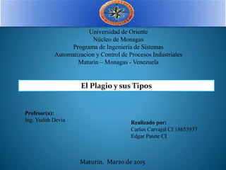 El Plagio y sus Tipos
Realizado por:
Carlos Carvajal CI 18653937
Edgar Patete CI
Maturín, Marzo de 2015
Universidad de Oriente
Núcleo de Monagas
Programa de Ingeniería de Sistemas
Automatizacion y Control de Procesos Industriales
Maturín – Monagas - Venezuela
Profesor(a):
Ing. Yudith Devia
 