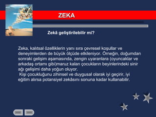 Zekâ geliştirilebilir mi?
Zeka, kalıtsal özelliklerin yanı sıra çevresel koşullar ve
deneyimlerden de büyük ölçüde etkileniyor. Örneğin, doğumdan
sonraki gelişim aşamasında, zengin uyaranlara (oyuncaklar ve
arkadaş ortamı gibi)maruz kalan çocukların beyinlerindeki sinir
ağı gelişimi daha yoğun oluyor.
Kişi çocukluğunu zihinsel ve duygusal olarak iyi geçirir, iyi
eğitim alırsa potansiyel zekâsını sonuna kadar kullanabilir.
ZEKAZEKA
 