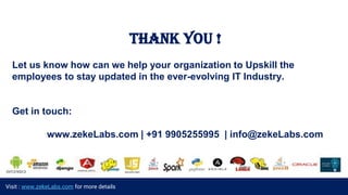 Visit : www.zekeLabs.com for more details
THANK YOU !
Let us know how can we help your organization to Upskill the
employees to stay updated in the ever-evolving IT Industry.
Get in touch:
www.zekeLabs.com | +91 9905255995 | info@zekeLabs.com
 