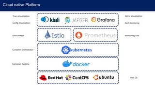 Cloud native Platform
Host OS
Container Runtime
Container Orchestrator
Service Mesh Monitoring Tool
Trace Visualization Metric Visualization
Config Visualization Alert Monitoring
 