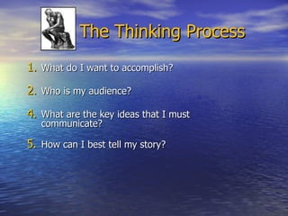 The Thinking Process What do I want to accomplish?  Who is my audience?  What are the key ideas that I must communicate?  How can I best tell my story? 