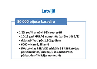 Latvijā
50 000 bijušo karavīru

• 1,2% sodīti ar nāvi, 98% represēti
  • 10‐15 gadi GULAG nometnēs (varētu būt 1/3)
  • daļa atbrīvoti pēc 1,5‐2 gadiem
  • 6000 – Narvā, Sillamē
  • LVA Latvijas PSR VDK arhīvā ir 58 436 Latvijas 
    personu lietas, kuri bijuši ieslodzīti PSRS 
    pārbaudes‐filtrācijas nometnēs
 